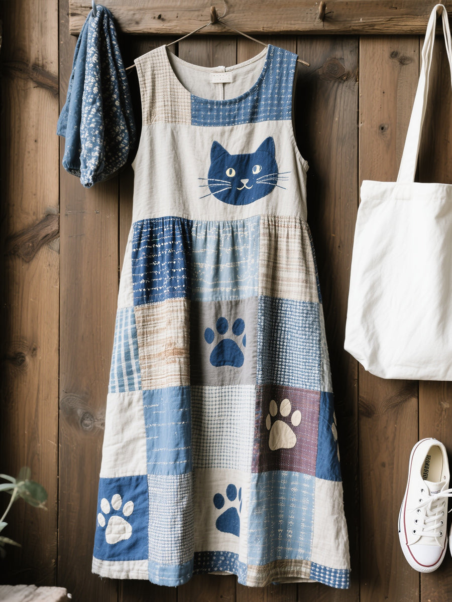 Women's Lovely Cat Pattern Patchwork Art Linen Blend Dress