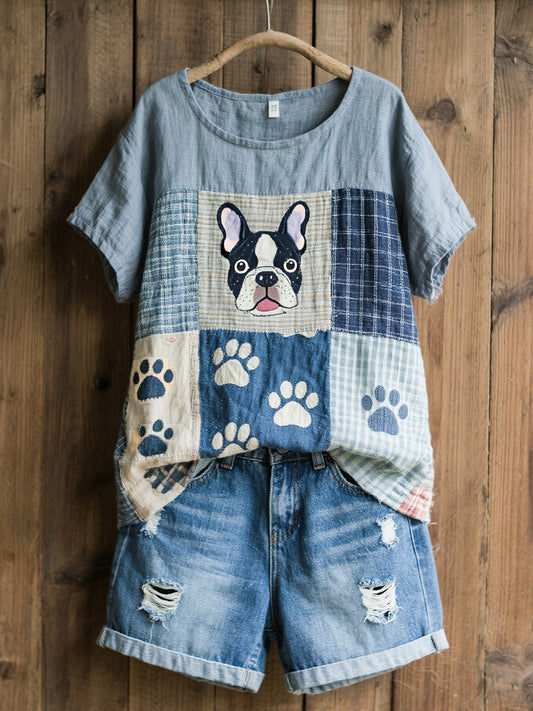 Women's Lovely French Bulldog Pattern Patchwork Art Linen Blend Shirt