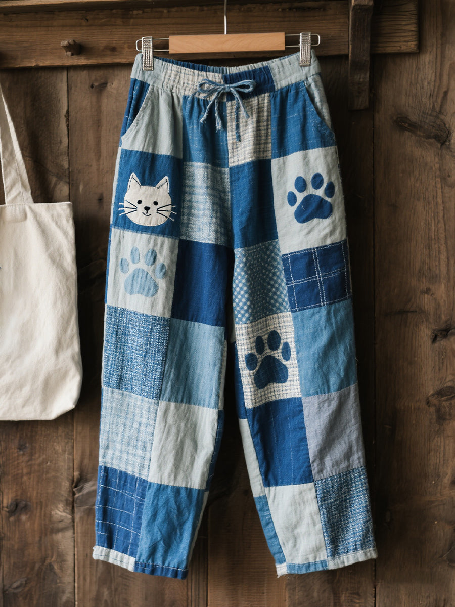 Women's Lovely Cat Pattern Patchwork Art Linen Pants
