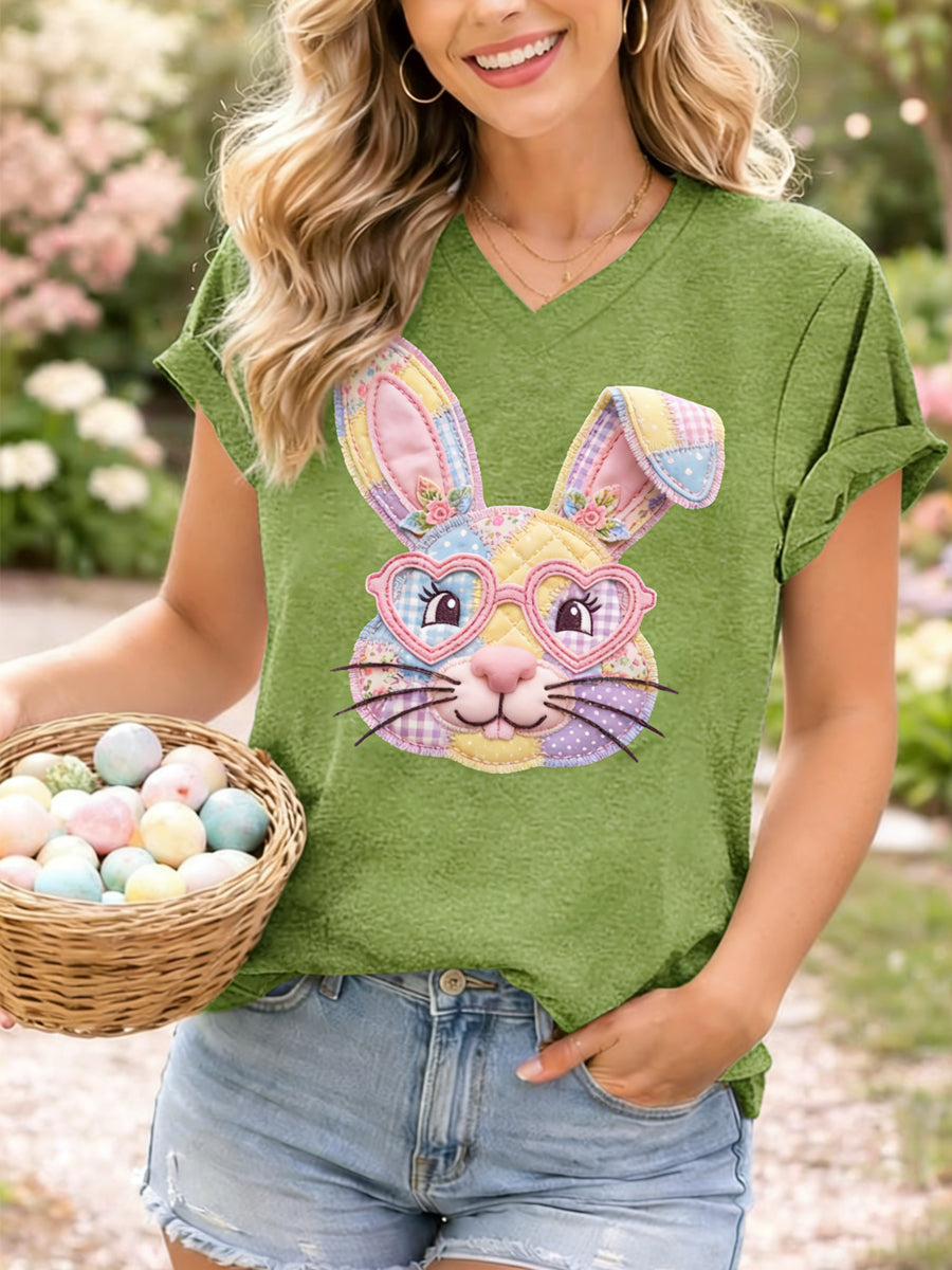 Women's Cute Floral Bunny Print Easter Casual V-Neck Tee