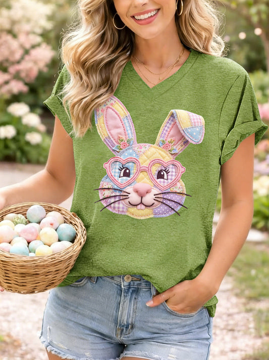 Women's Cute Floral Bunny Print Easter Casual V-Neck Tee