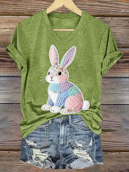 Women's Cute Floral Bunny Print Easter Casual V-Neck Tee