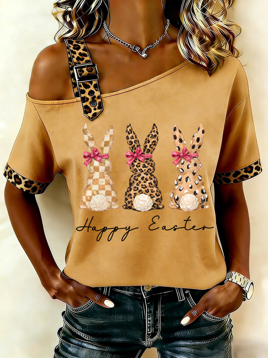 Women's Cute Leopard Bunny Print Easter Casual Short-Sleeve Off-Shoulder Tee