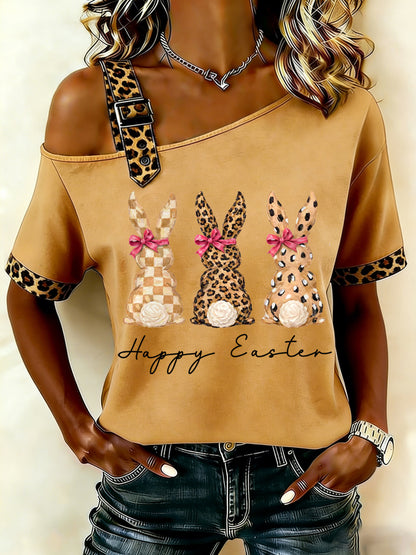 Women's Cute Leopard Bunny Print Easter Casual Short-Sleeve Off-Shoulder Tee