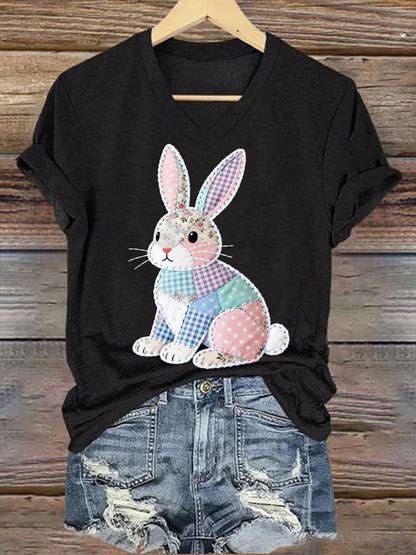 Women's Cute Floral Bunny Print Easter Casual V-Neck Tee