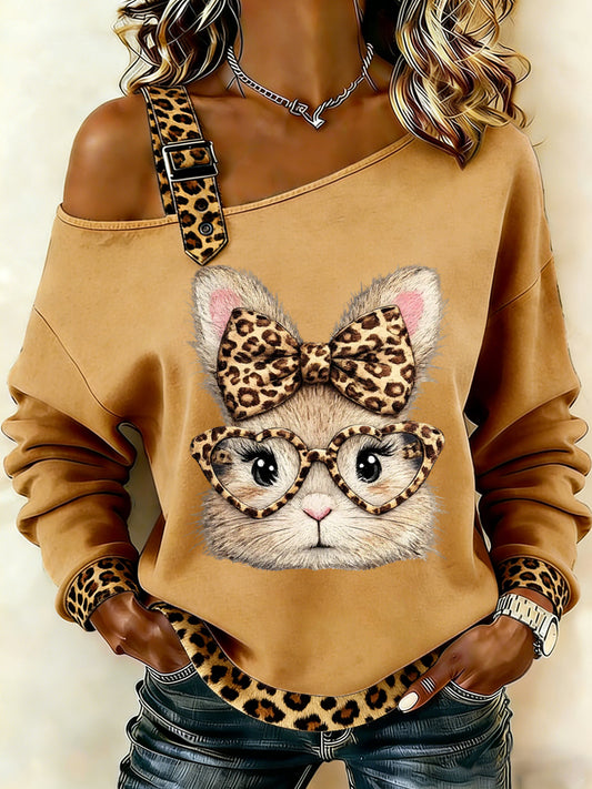 Women's Cute Leopard Bunny Print Easter Casual Off-Shoulder Top
