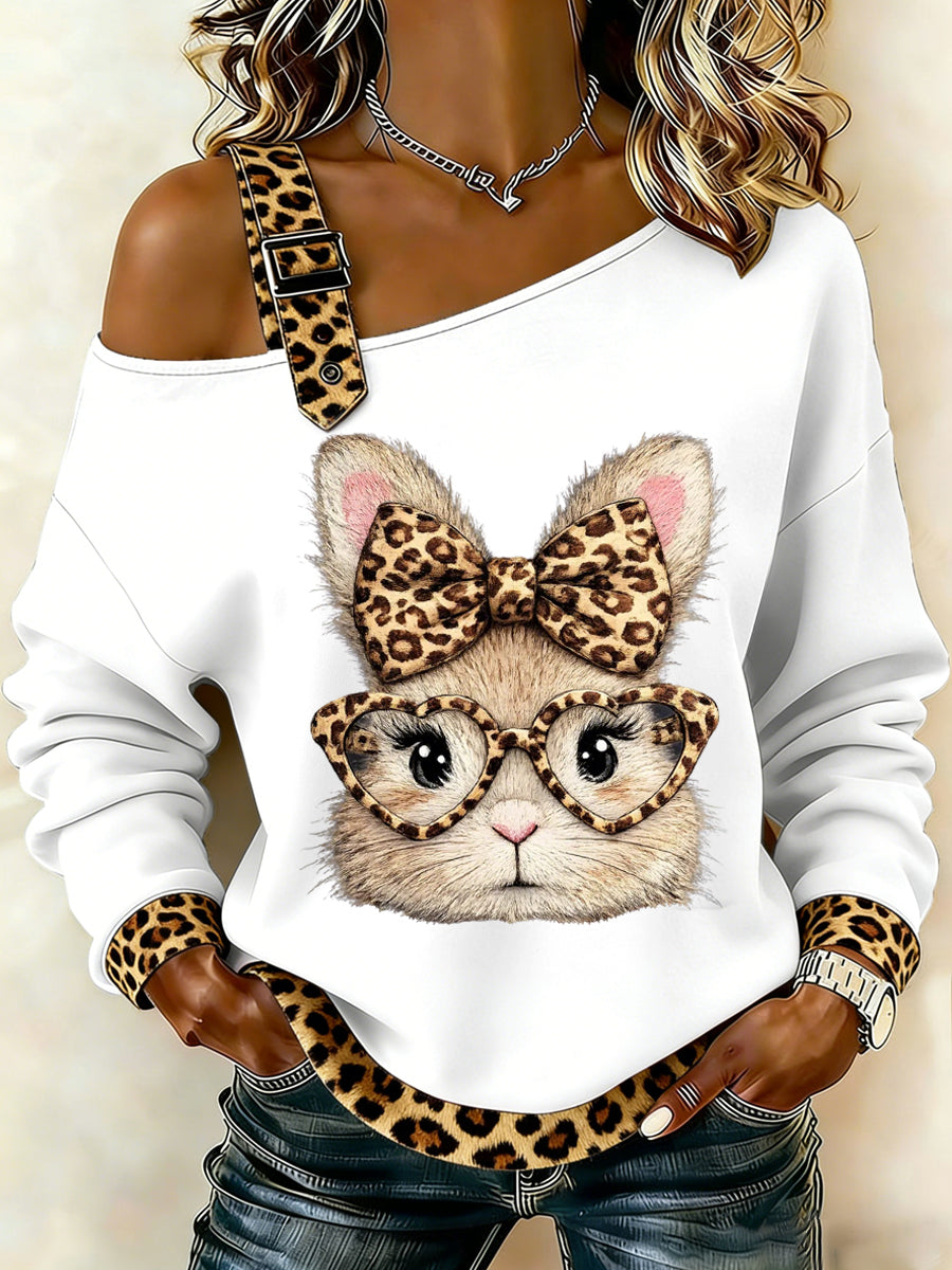 Women's Cute Leopard Bunny Print Easter Casual Off-Shoulder Top
