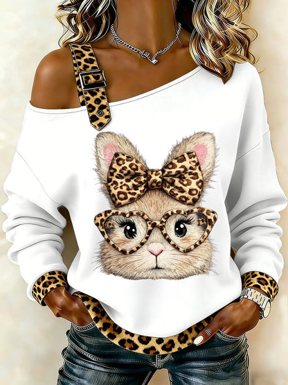 Women's Cute Leopard Bunny Print Easter Casual Off-Shoulder Top