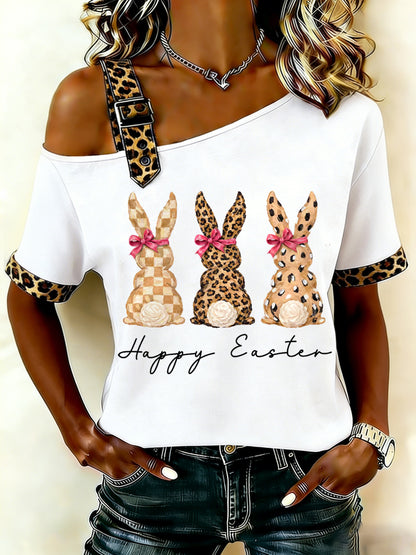 Women's Cute Leopard Bunny Print Easter Casual Short-Sleeve Off-Shoulder Tee