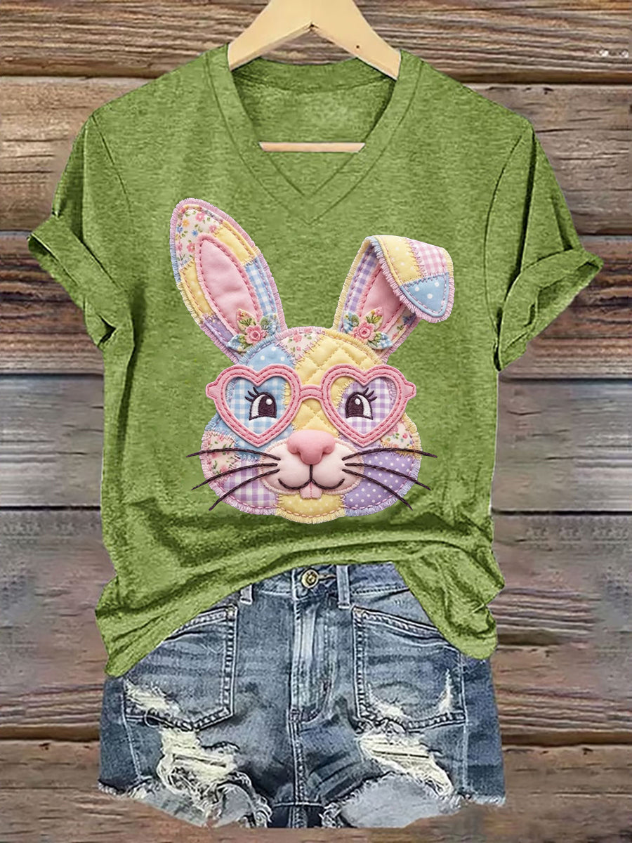 Women's Cute Floral Bunny Print Easter Casual V-Neck Tee