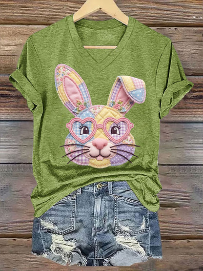 Women's Cute Floral Bunny Print Easter Casual V-Neck Tee