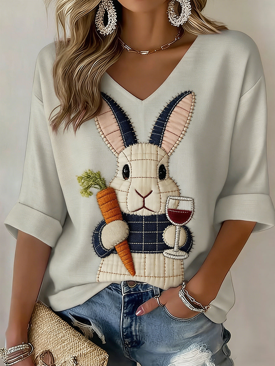 Women's Easter Bunny Art  V-Neck Long Sleeve T-Shirt