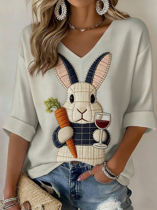 Women's Easter Bunny Art  V-Neck Long Sleeve T-Shirt
