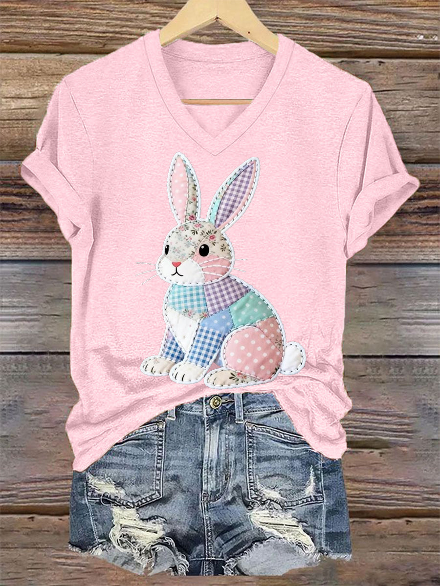 Women's Cute Floral Bunny Print Easter Casual V-Neck Tee
