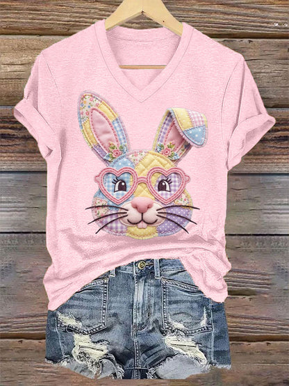 Women's Cute Floral Bunny Print Easter Casual V-Neck Tee