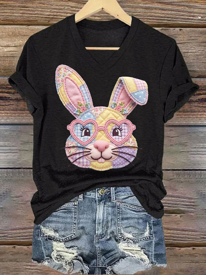 Women's Cute Floral Bunny Print Easter Casual V-Neck Tee