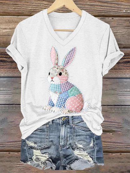 Women's Cute Floral Bunny Print Easter Casual V-Neck Tee