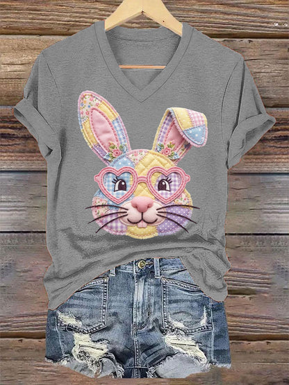 Women's Cute Floral Bunny Print Easter Casual V-Neck Tee
