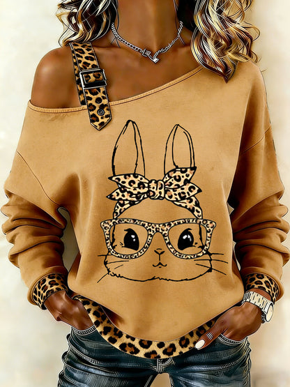 Women's Cute Leopard Bunny Print Easter Casual Off-Shoulder Top