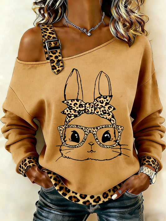 Women's Cute Leopard Bunny Print Easter Casual Off-Shoulder Top