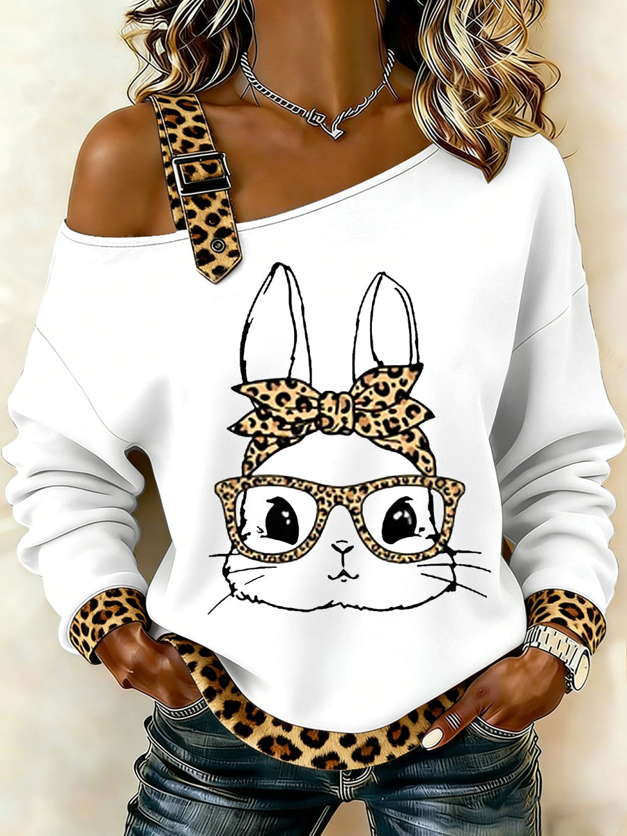 Women's Cute Leopard Bunny Print Easter Casual Off-Shoulder Top