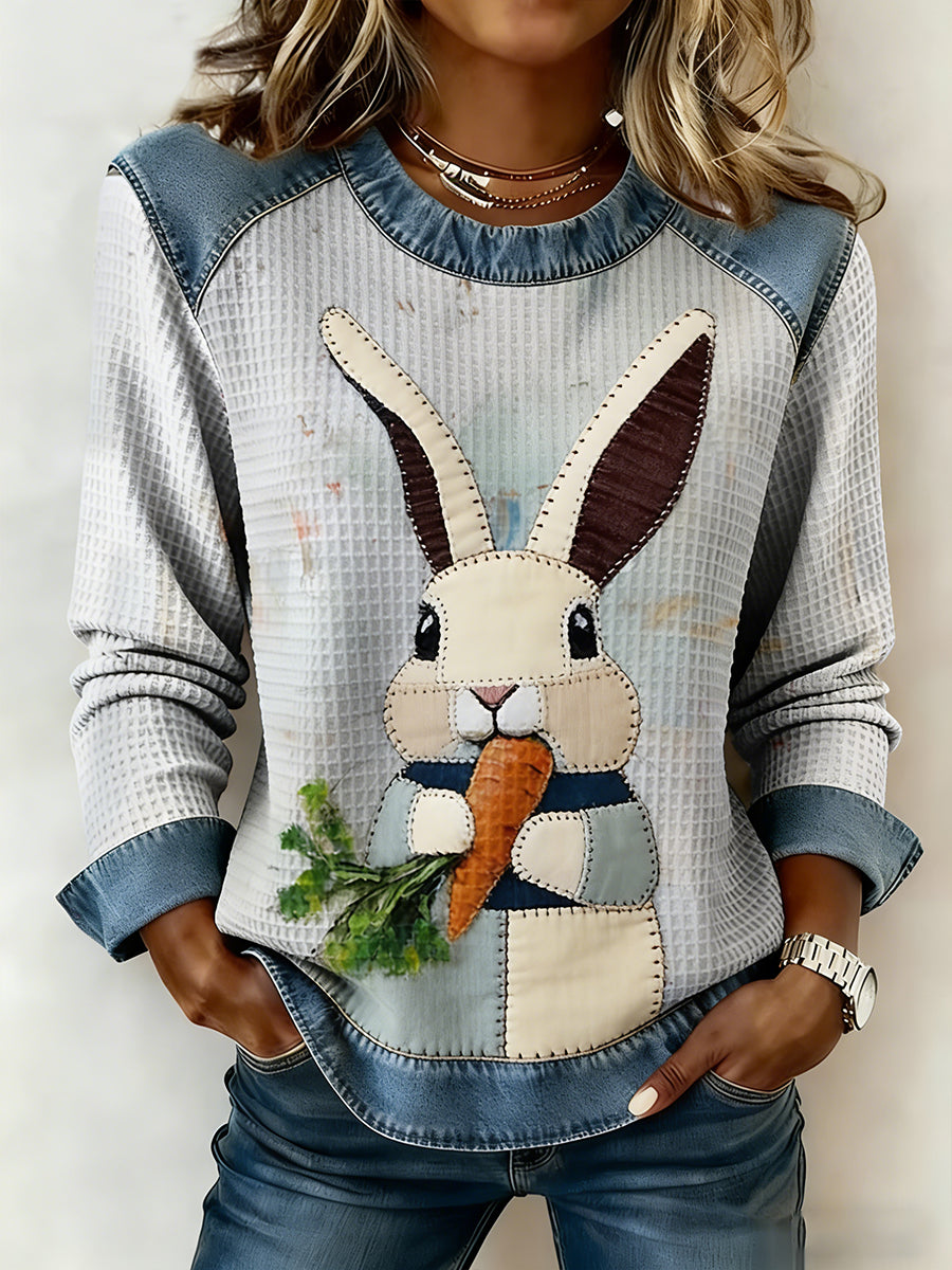 Women's Easter Bunny Art Patchwork Print Waffle Denim Patchwork Top