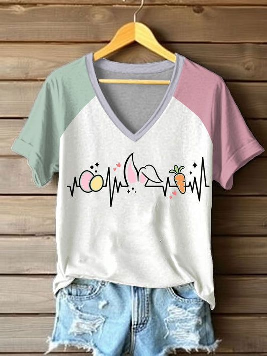 Women's Bunny Easter V-neck off-shoulder short-sleeved T-shirt