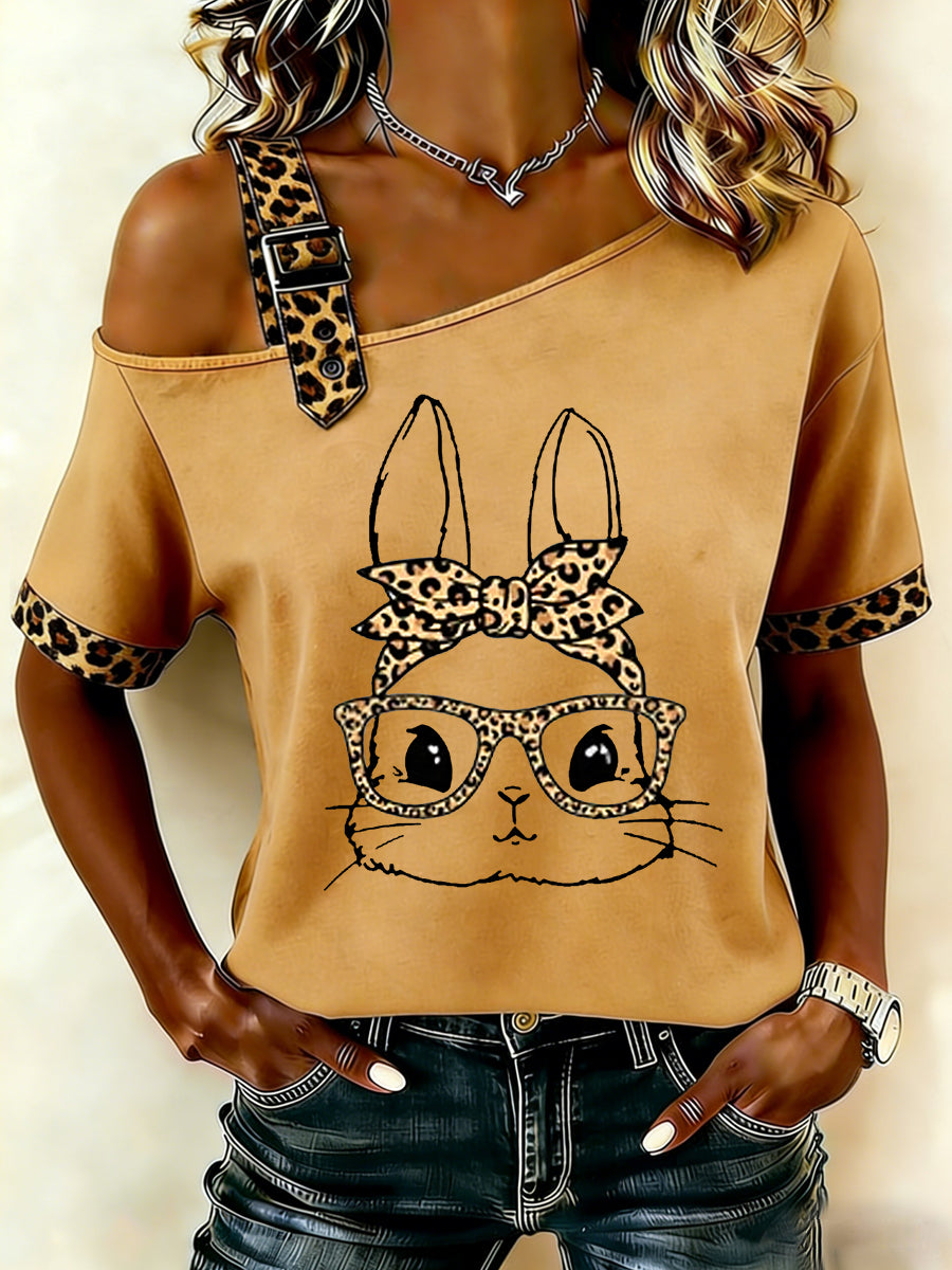 Women's Cute Leopard Bunny Print Easter Casual Short-Sleeve Off-Shoulder Tee