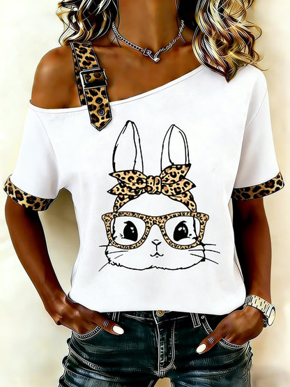 Women's Cute Leopard Bunny Print Easter Casual Short-Sleeve Off-Shoulder Tee