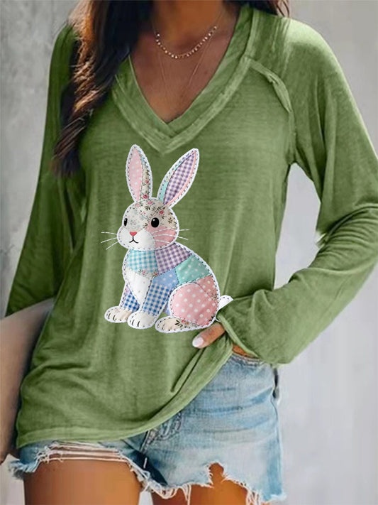 Women's Cute Floral Bunny Print Easter Casual Long-Sleeve V-Neck T-Shirt