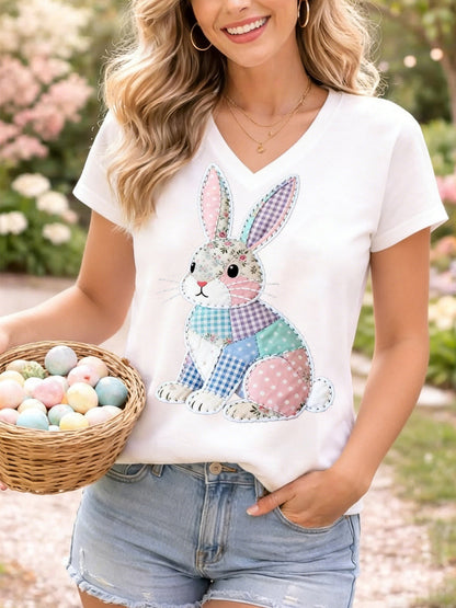 Women's Cute Floral Bunny Print Easter Casual V-Neck Tee