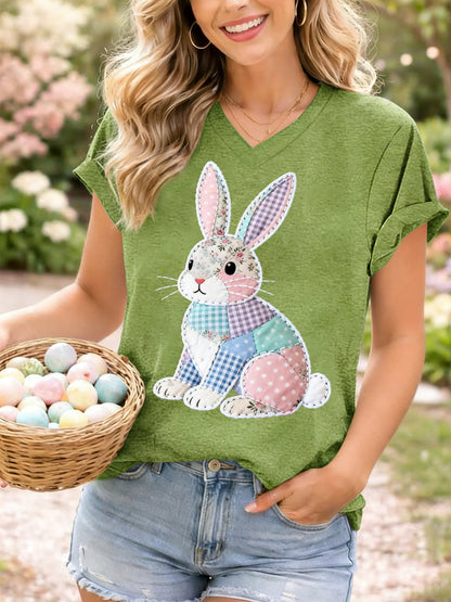 Women's Cute Floral Bunny Print Easter Casual V-Neck Tee