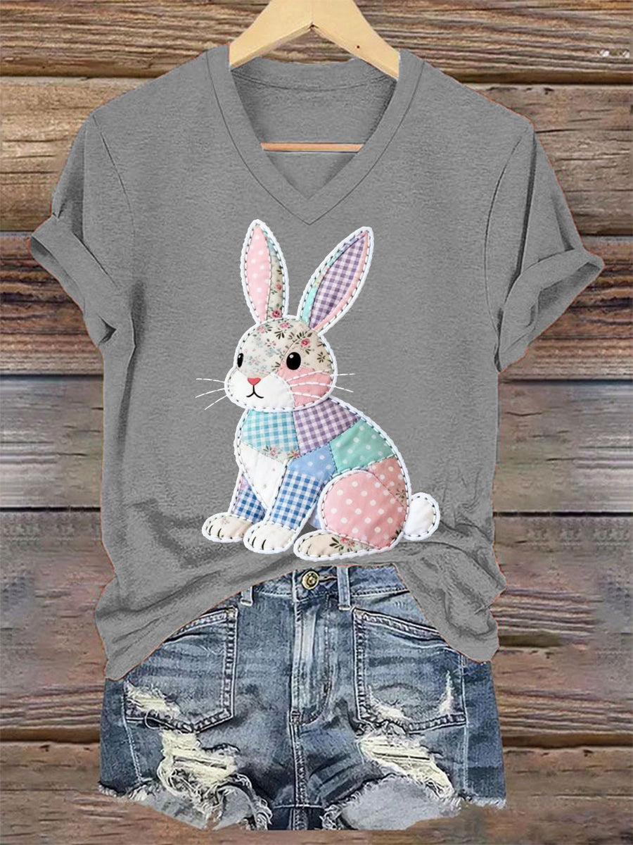 Women's Cute Floral Bunny Print Easter Casual V-Neck Tee