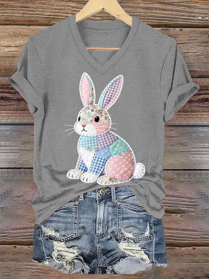 Women's Cute Floral Bunny Print Easter Casual V-Neck Tee