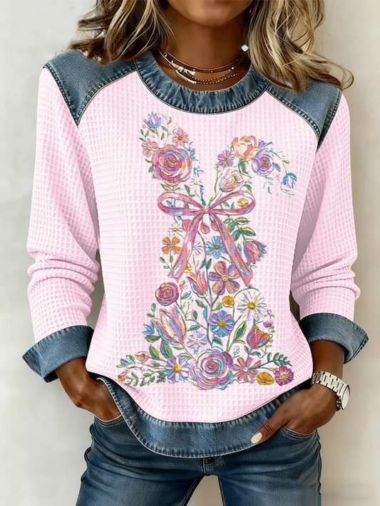 Women's Bunny Easter Denim Patchwork Top