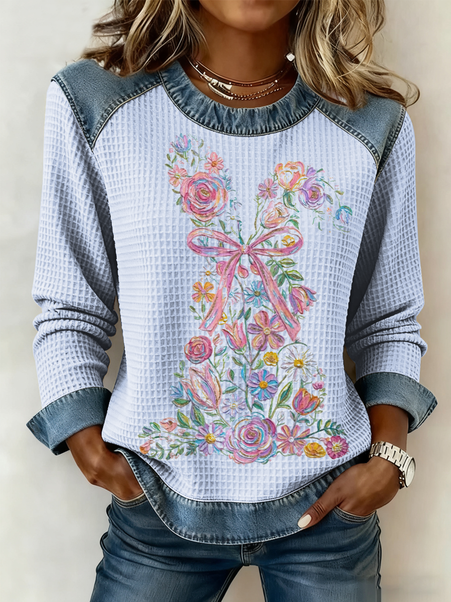 Women's Bunny Easter Denim Patchwork Top