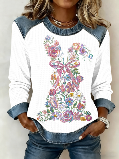 Women's Bunny Easter Denim Patchwork Top