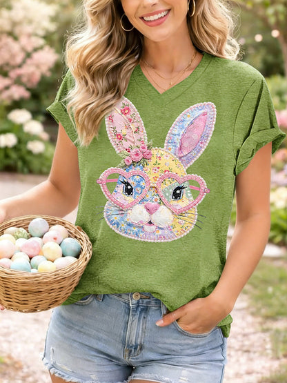 Women's Cute Floral Bunny Print Easter Casual V-Neck Tee