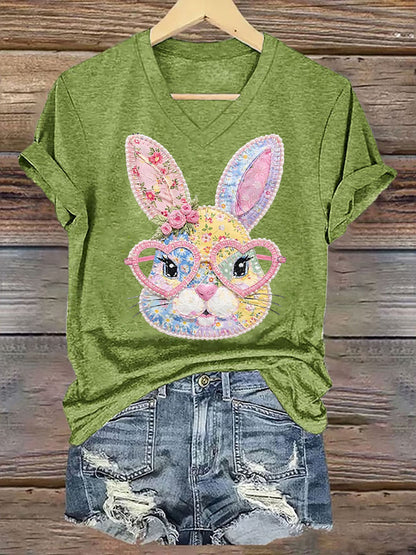 Women's Cute Floral Bunny Print Easter Casual V-Neck Tee
