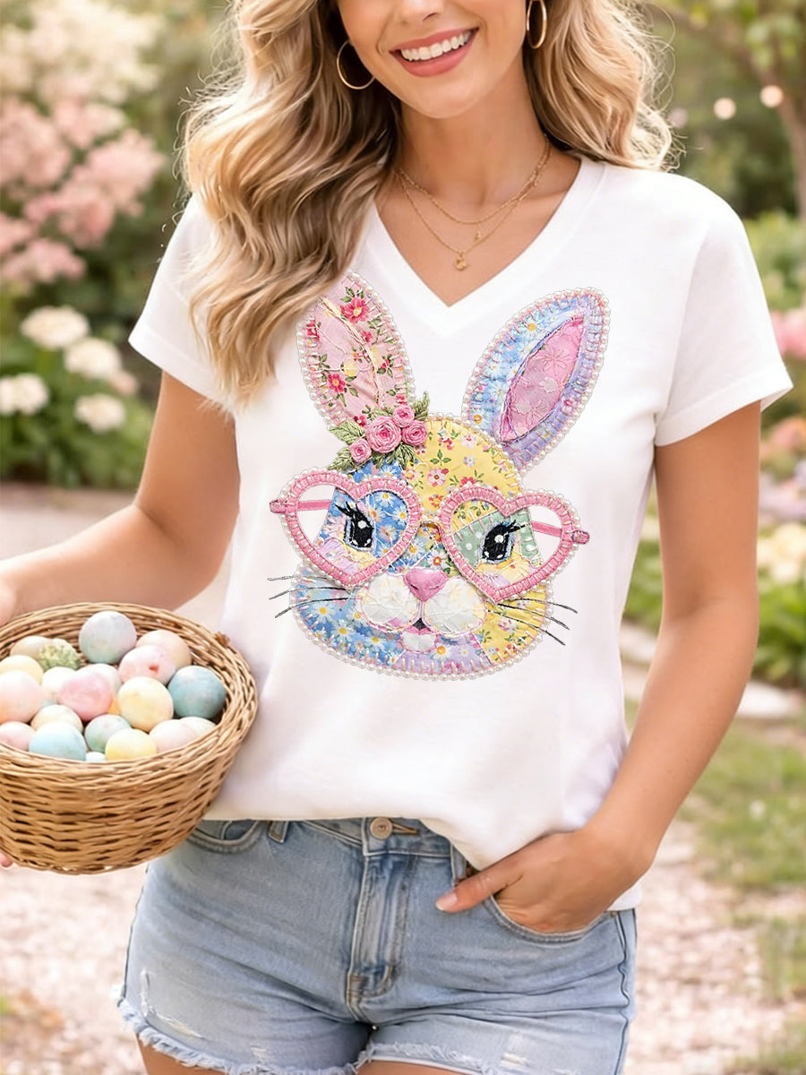 Women's Cute Floral Bunny Print Easter Casual V-Neck Tee