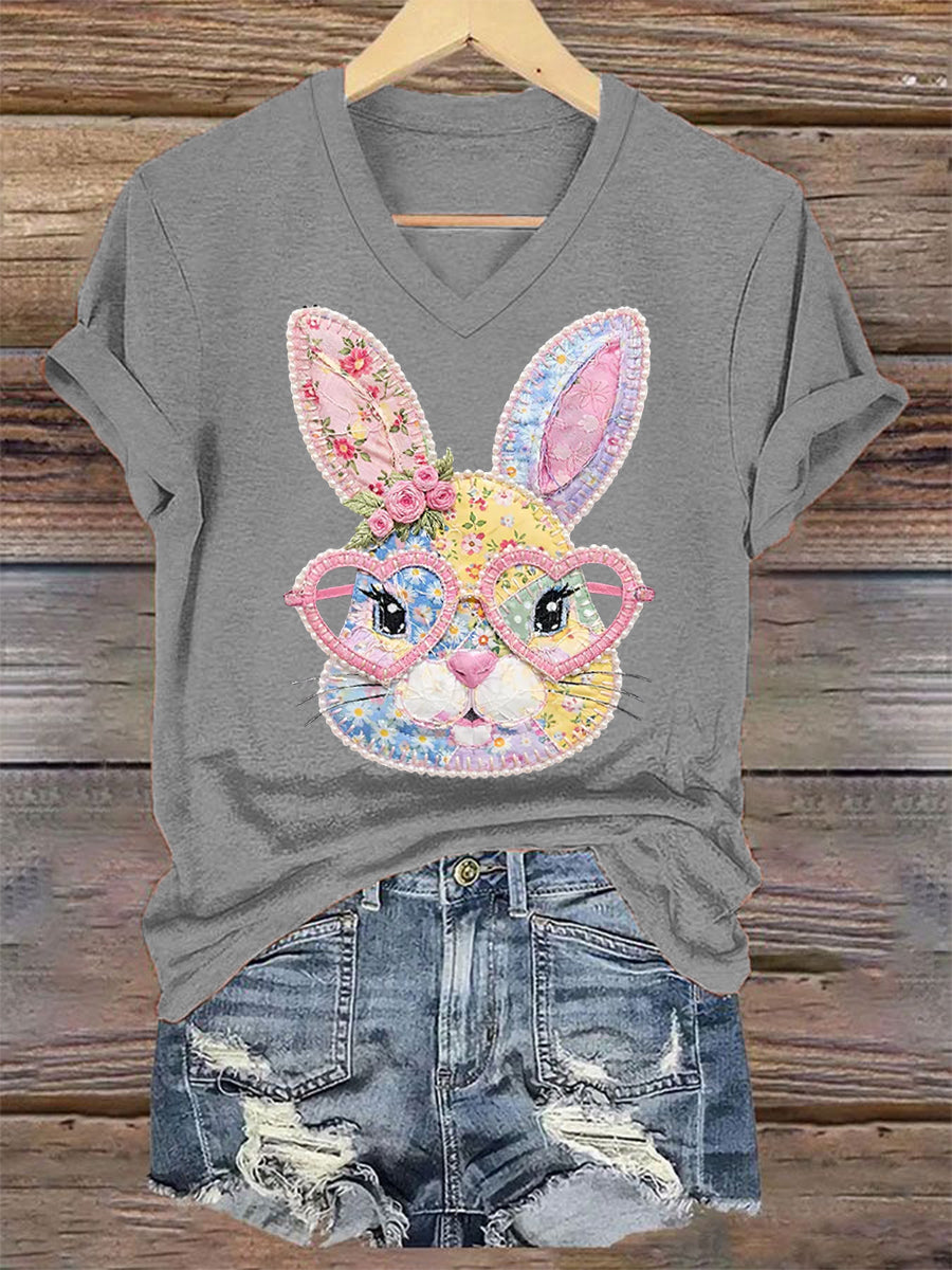Women's Cute Floral Bunny Print Easter Casual V-Neck Tee