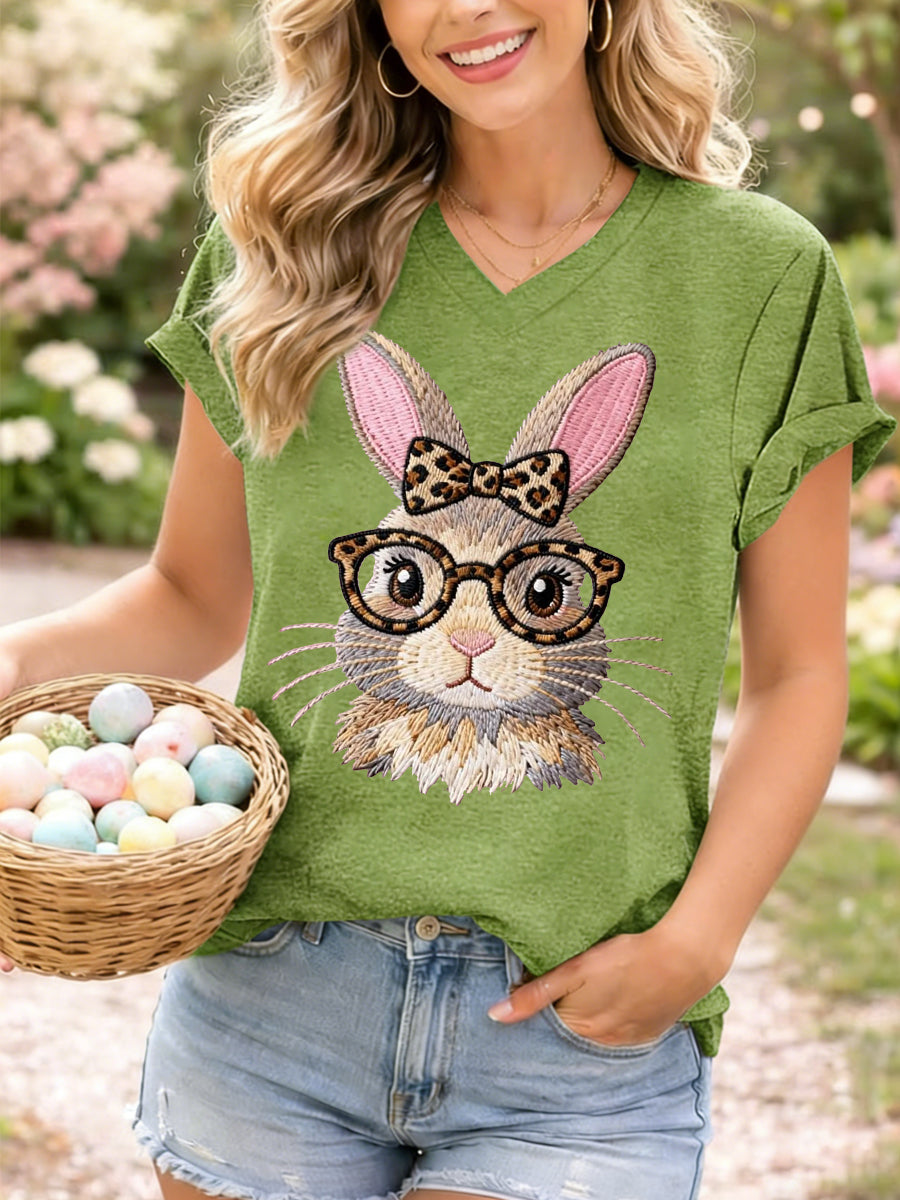 Women's Cute Bunny Print Easter Casual V-Neck Tee