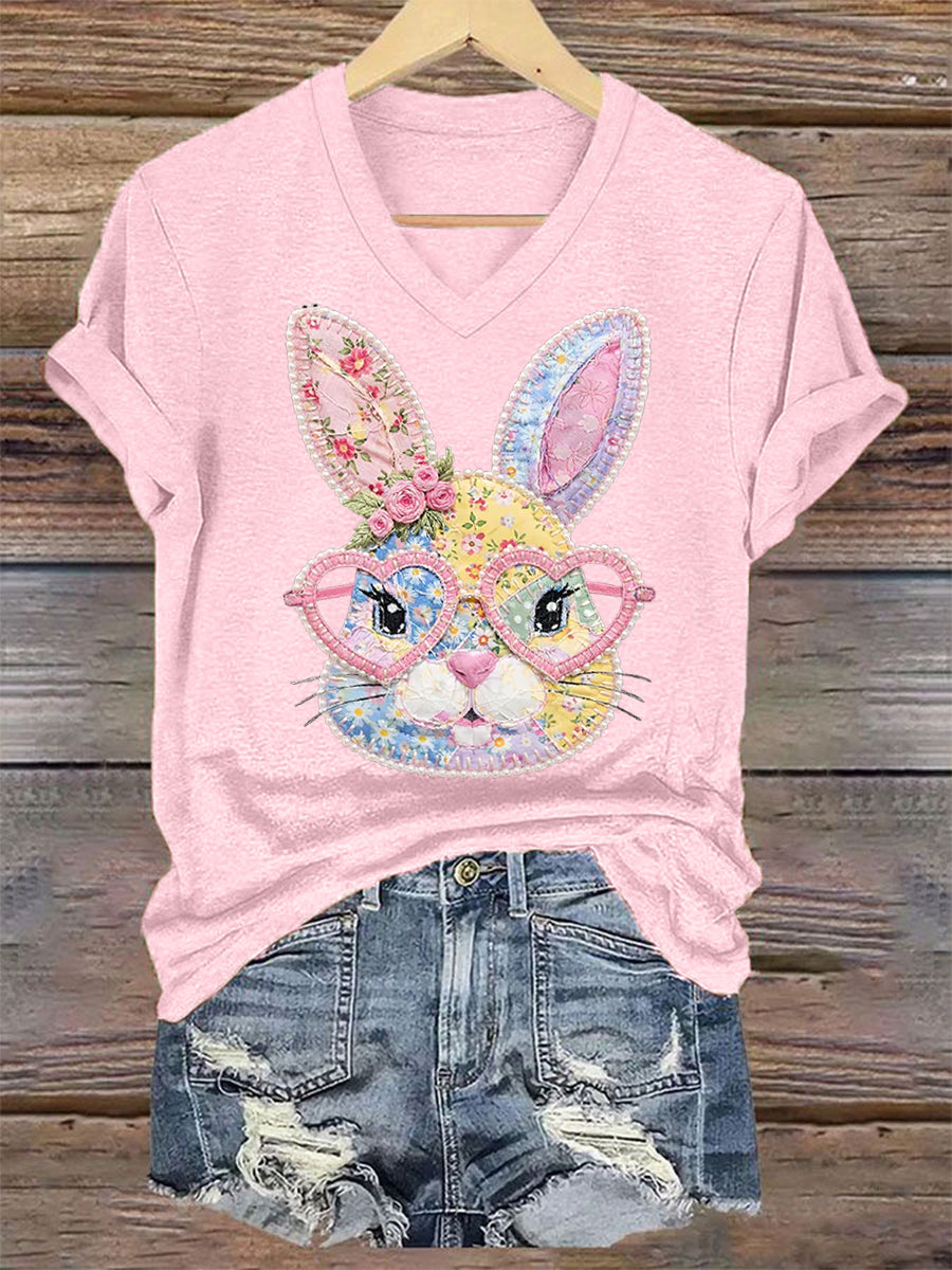Women's Cute Floral Bunny Print Easter Casual V-Neck Tee