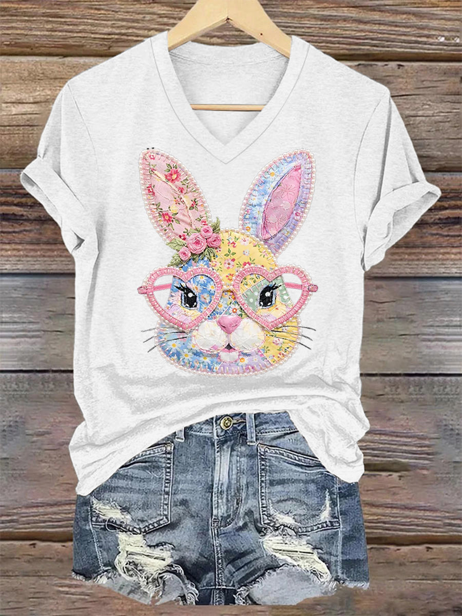 Women's Cute Floral Bunny Print Easter Casual V-Neck Tee