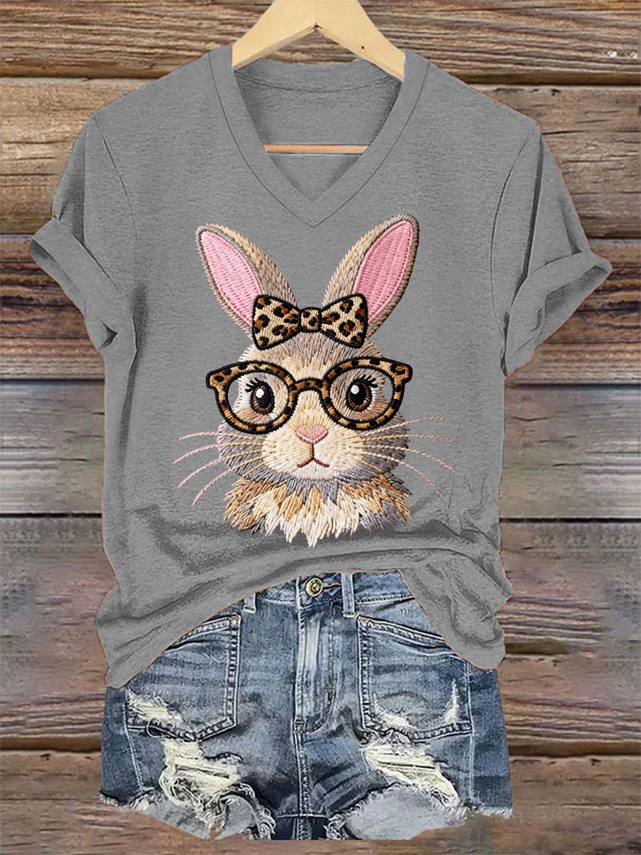 Women's Cute Bunny Print Easter Casual V-Neck Tee