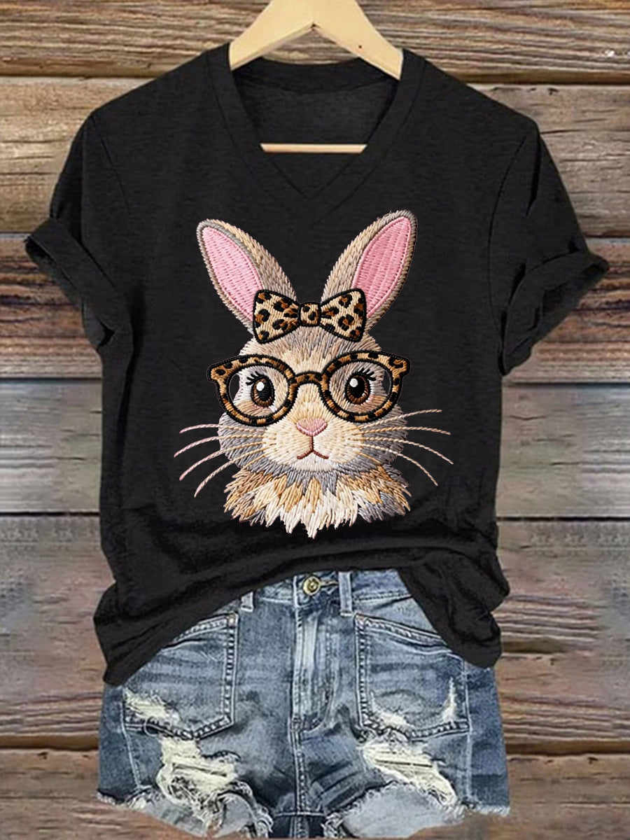 Women's Cute Bunny Print Easter Casual V-Neck Tee