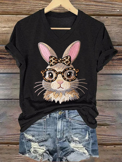Women's Cute Bunny Print Easter Casual V-Neck Tee