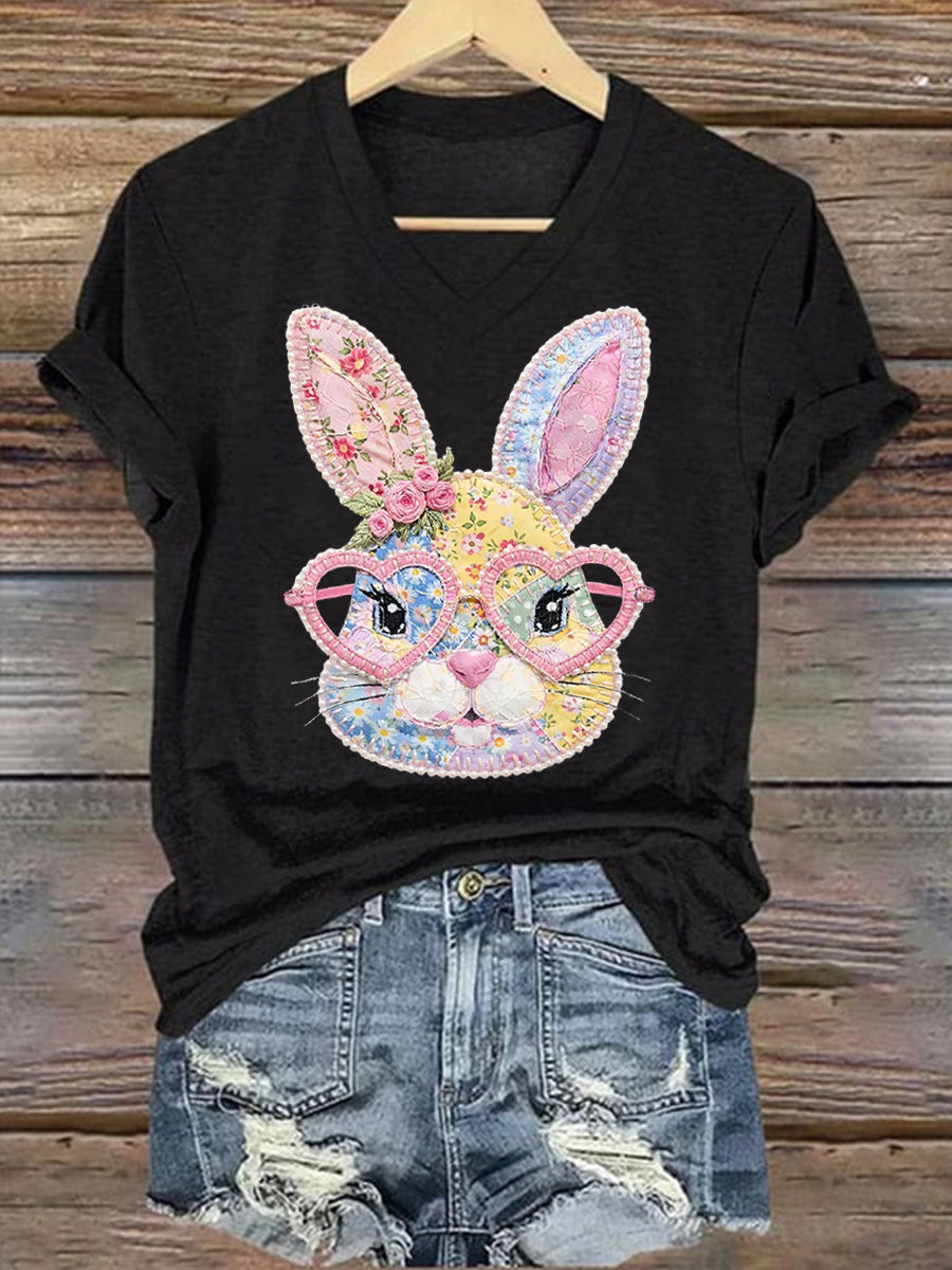 Women's Cute Floral Bunny Print Easter Casual V-Neck Tee