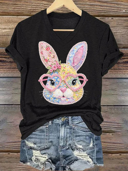 Women's Cute Floral Bunny Print Easter Casual V-Neck Tee