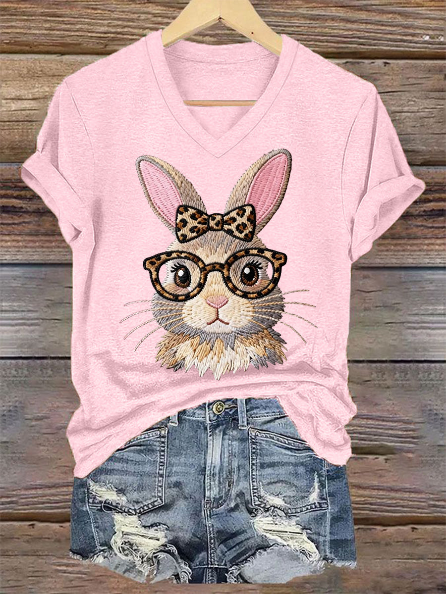 Women's Cute Bunny Print Easter Casual V-Neck Tee